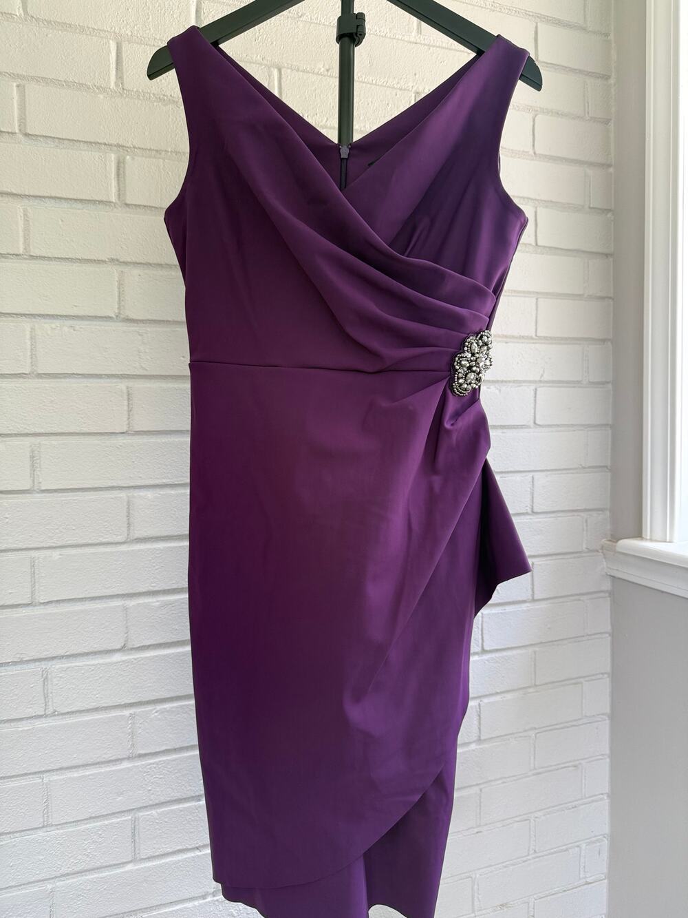 Alex Evenings Purple Draped Cocktail Dress Size 2 Jeweled Brooch Formal